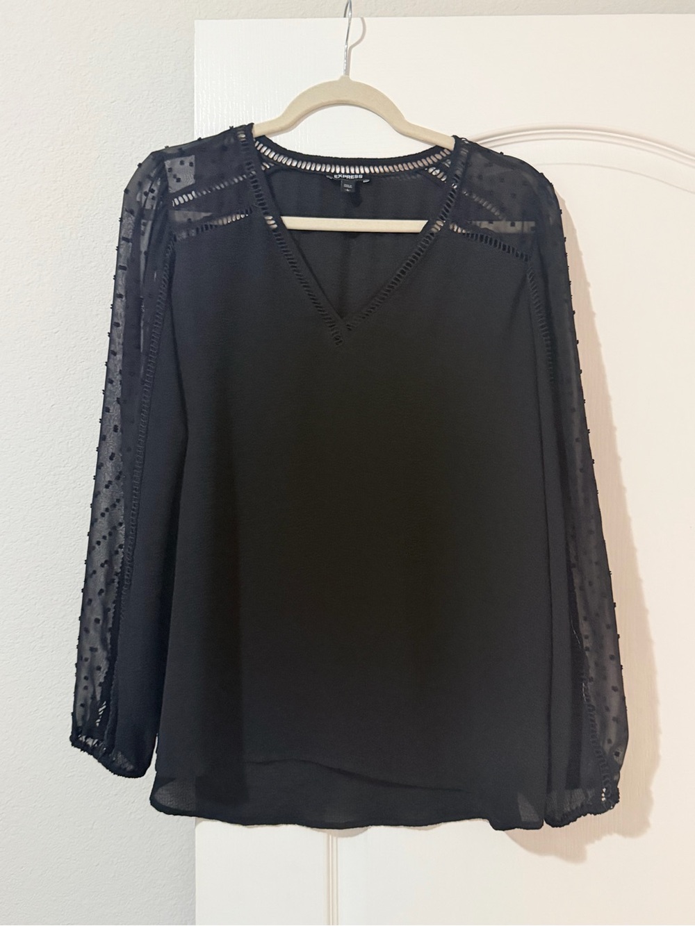 Express Black V-Neck Blouse with Sheer Dotted Sleeves